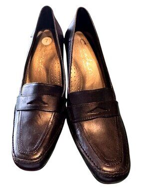 Comfort Plus By Predictions Black Leather Square Toe High Heel Loafers Size 7